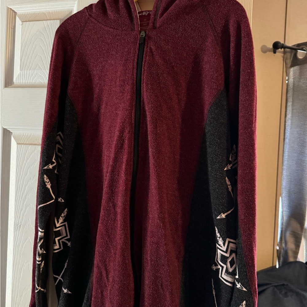 Cowgirl Tuff Burgundy and Black Hoodie with Patterned Sleeves